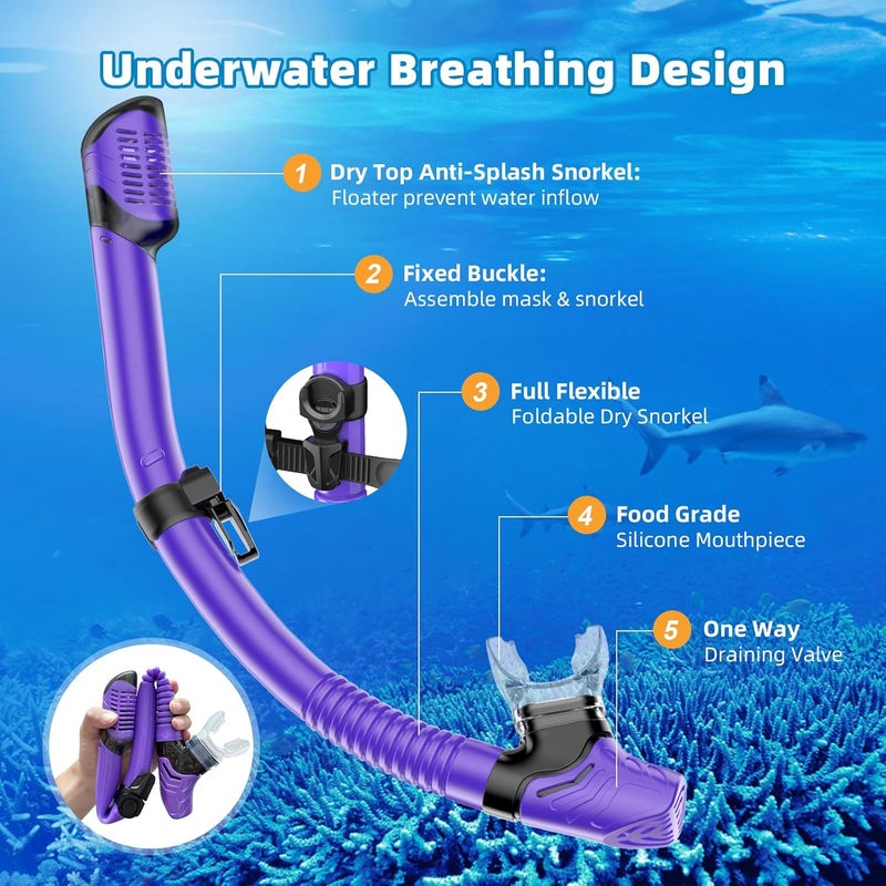 Honlanor Snorkel Set Adults Snorkeling Gear Anti-Leak and Anti-Fog Tempered Glass Lens Panoramic View Swim Mask Dry Top Snorkel Kit for Snorkeling Scuba Diving Swimming Travel with Carry Bag - Image 5